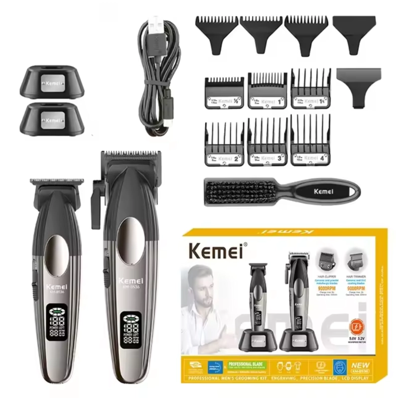 BARBER COMBO KEMEI CORTADORA Y PATILLERA CON BASE 9000 RPM - 3