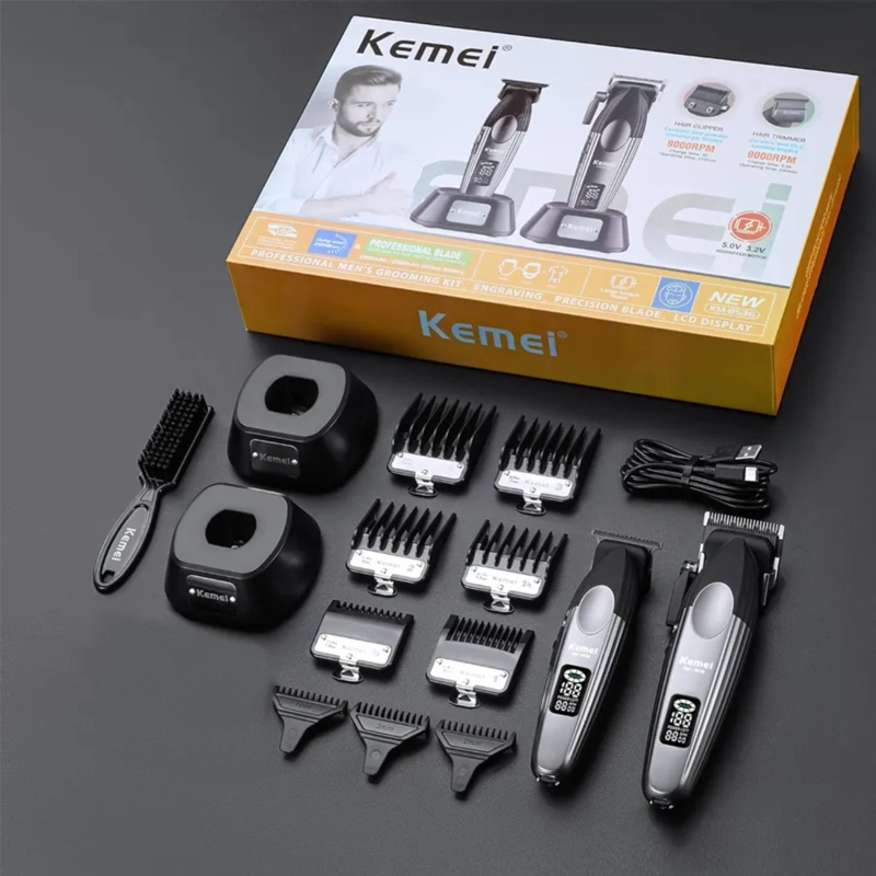 BARBER COMBO KEMEI CORTADORA Y PATILLERA CON BASE 9000 RPM - 4