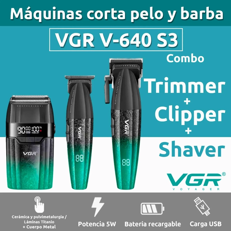 BARBER COMBO VGR640S3 CORTADORA, PATILLERA Y AFEITADORA VERDE - 4