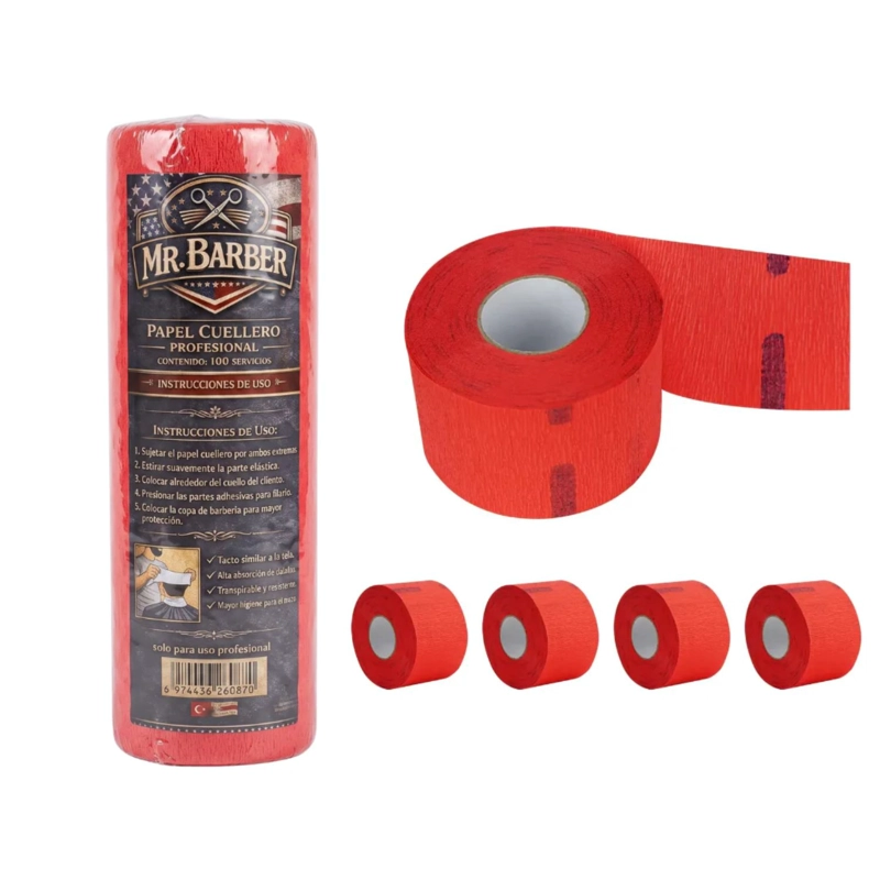 PACK 5 ROLLOS PAPEL CUELLO BARBERIA PELUQUERIA ROJO - 2