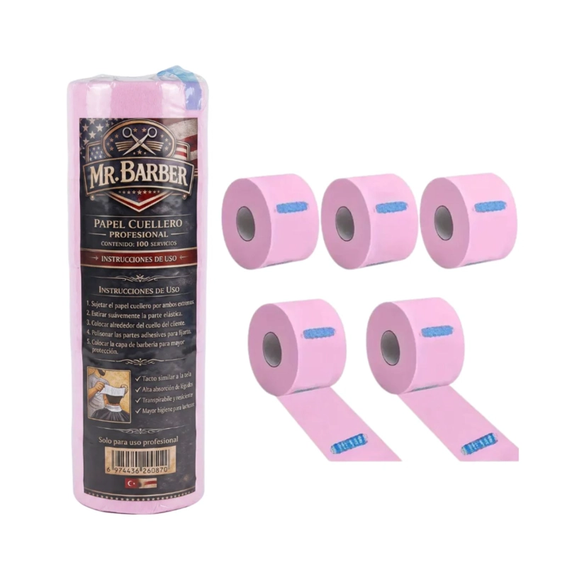 PACK 5 ROLLOS PAPEL CUELLO BARBERIA PELUQUERIA ROSADO - 2