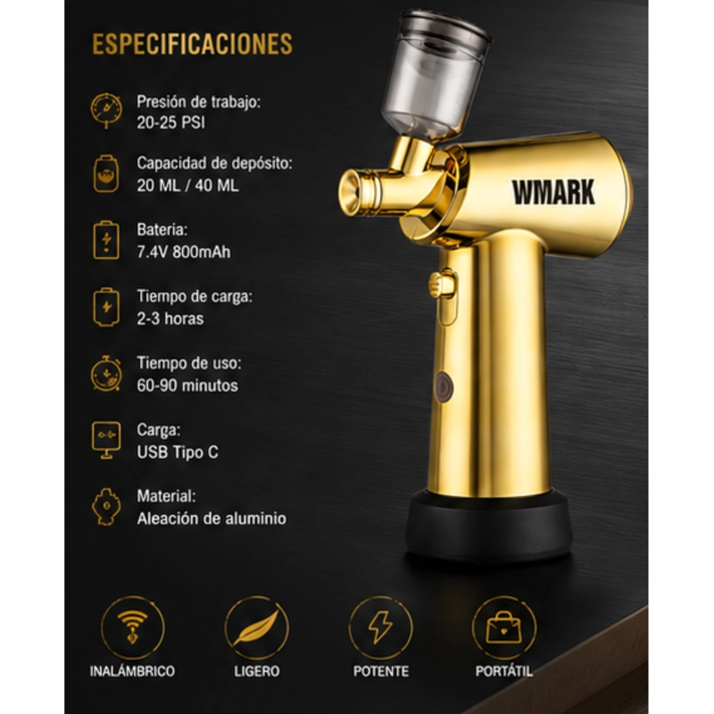 AEROGRAFO PROFESIONAL WMARK NG-AB001 INALAMBRICO DORADO - 5