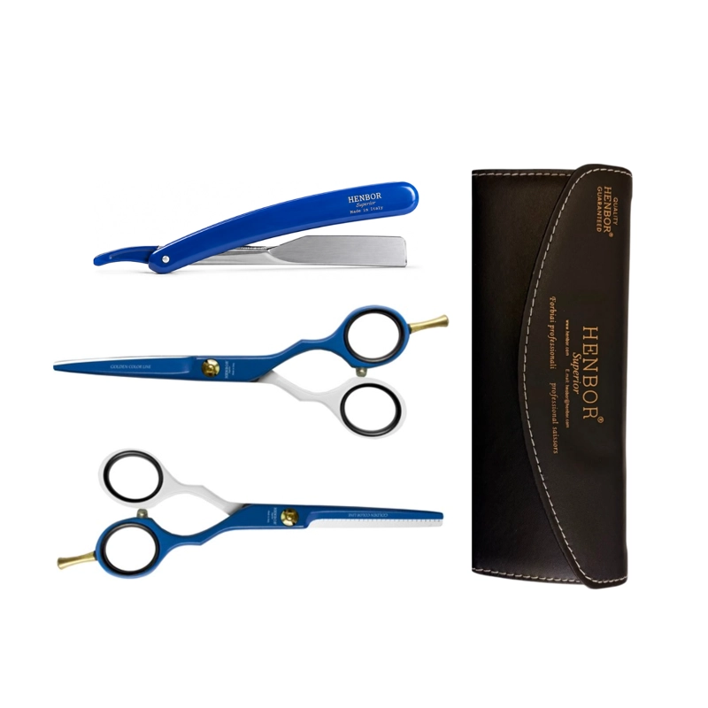 SET TIJERAS HENBOR CORTE Y PULIR AZUL BLANCO CON PORTA NAVAJA AZUL - 1