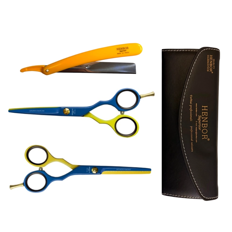 SET TIJERAS HENBOR CORTE Y PULIR AZUL VERDE CON PORTA NAVAJA AMARILLA - 1