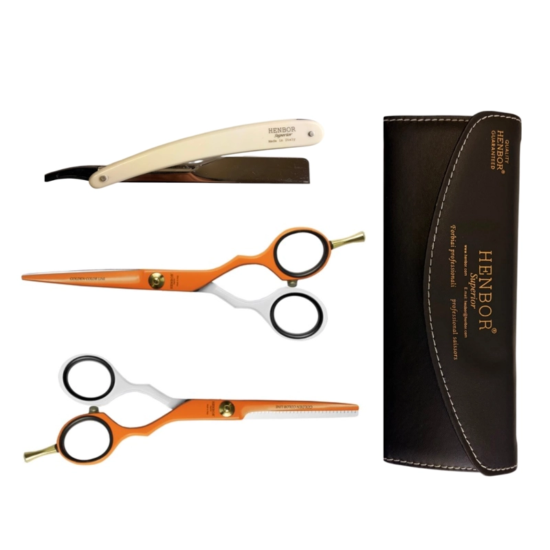 SET TIJERAS HENBOR CORTE Y PULIR BLANCO NARANJA CON PORTA NAVAJA BLANCO - 1