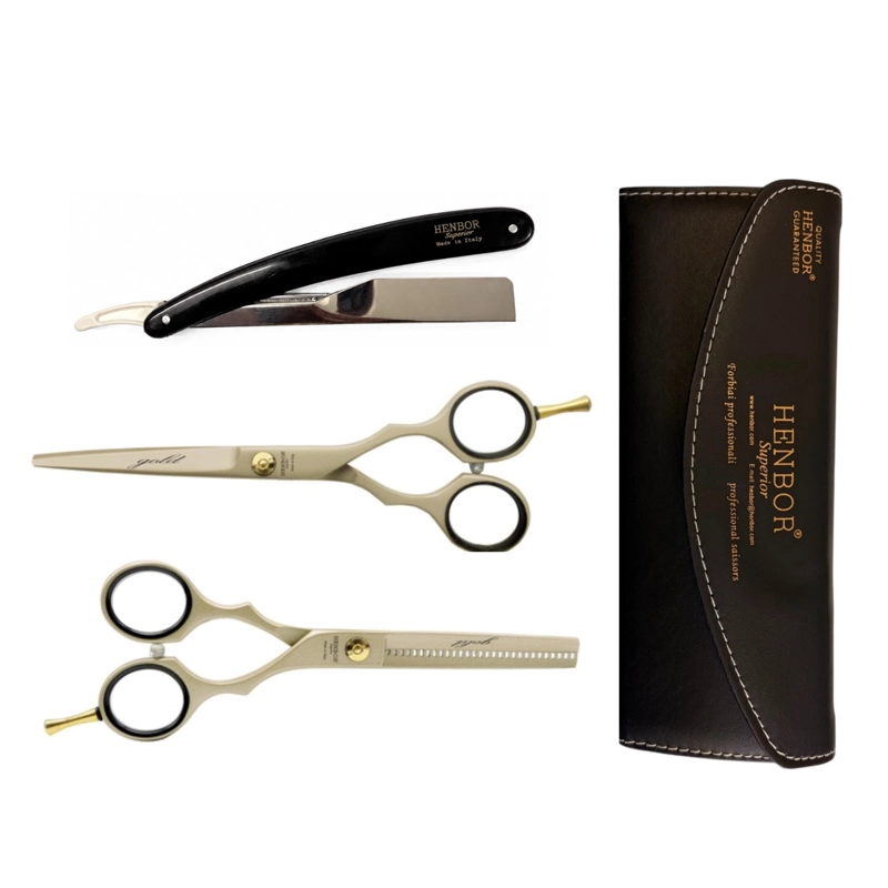 SET TIJERAS HENBOR CORTE Y PULIR BLANCO CON PORTA NAVAJA NEGRO - 1