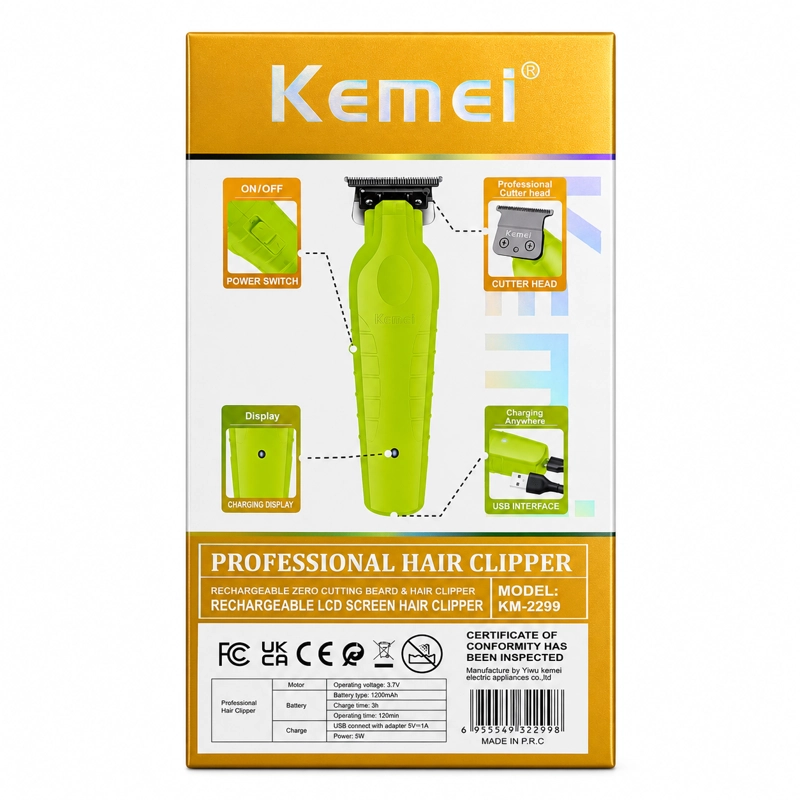 KEMEI TRIMMER KM-2299 VERDE NEON RECARGABLE USB - 3