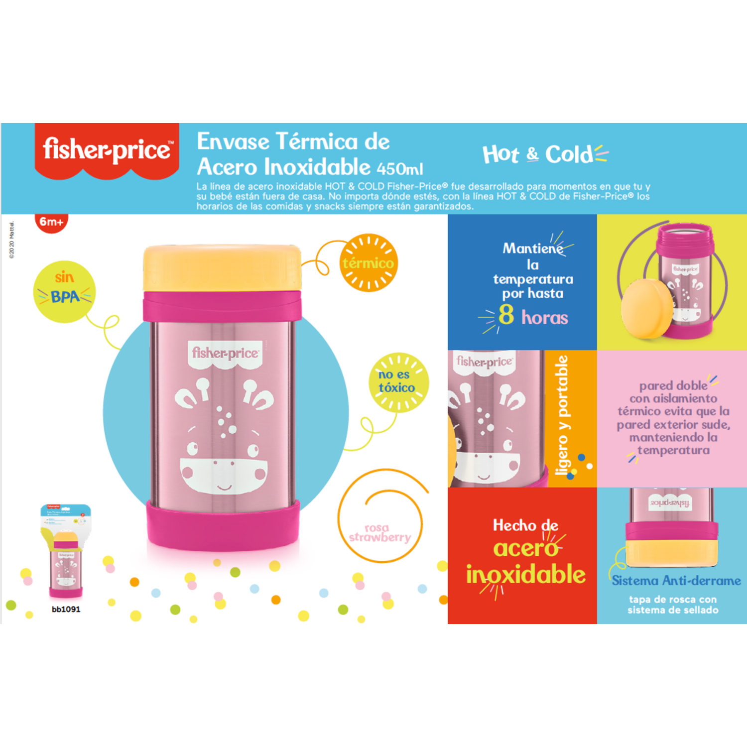 TERMO FISHER PRICE 450ML ROSA BB1091 ACERO INOXIDABLE - 3