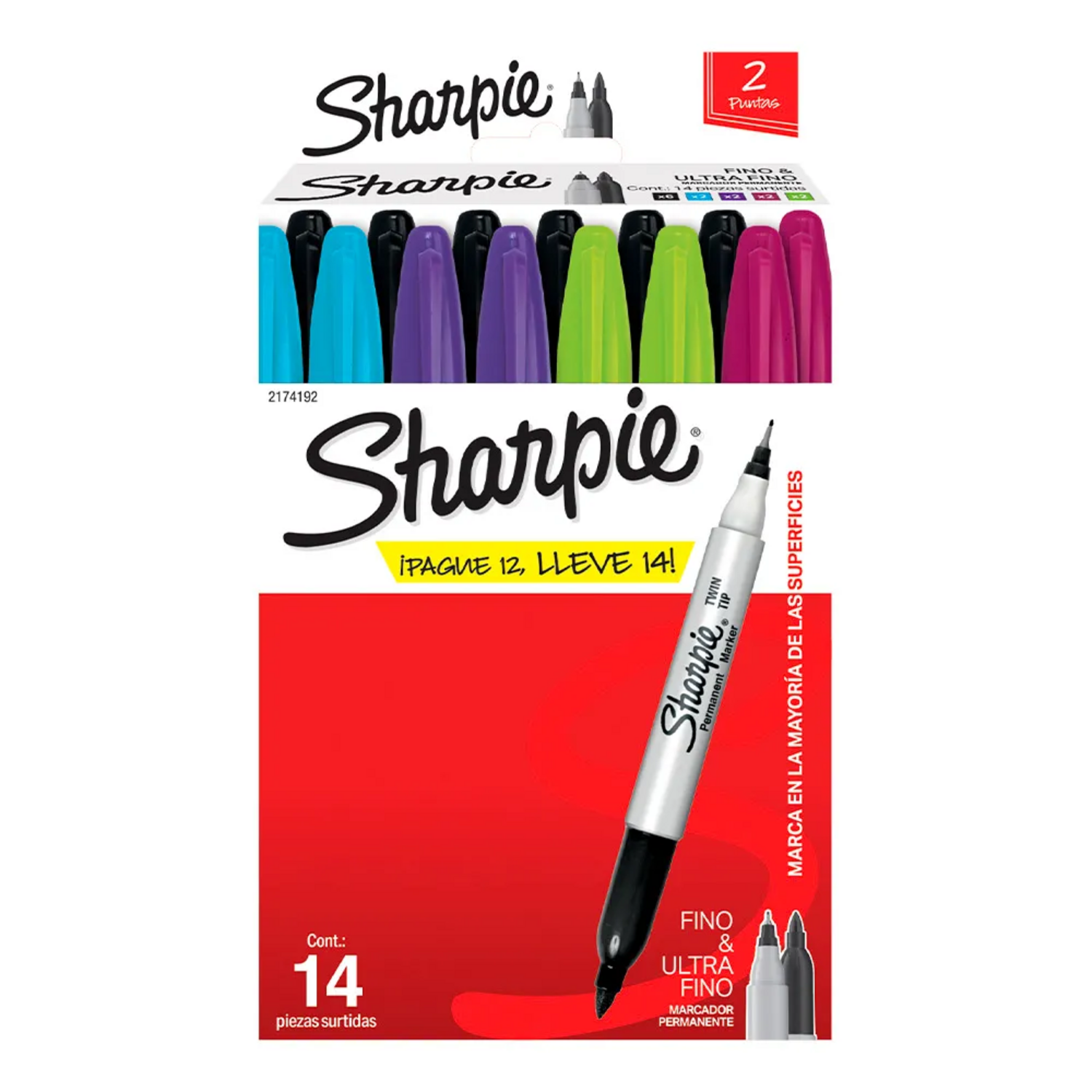 MARCADORES DOBLES SHARPIE 2 PUNTAS 14 UNIDADES 5 COLORES - 1