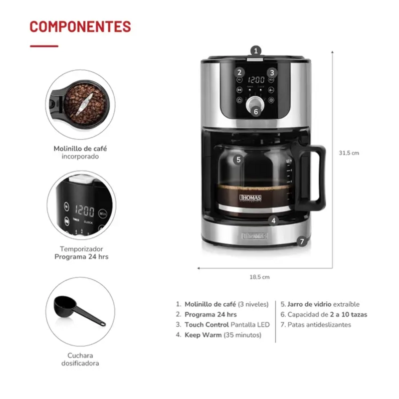 CAFETERA 10 TAZAS MOLINILLO THOMAS TH-145DMI MANTIENE CALOR - 6