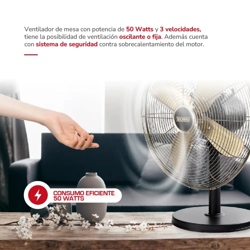 VENTILADOR THOMAS TH-16BNM PEDESTAL MESA 40CM 3 VELOC 50W - 5