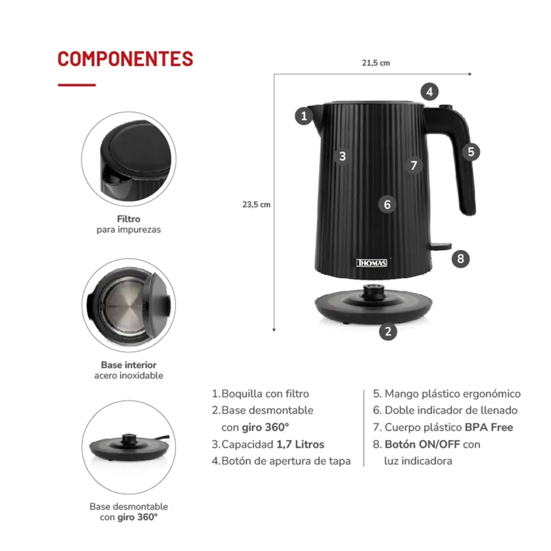 HERVIDOR THOMAS TH-4343N 1.8L 2200W RAPIDO Y ECONOMICO - 5