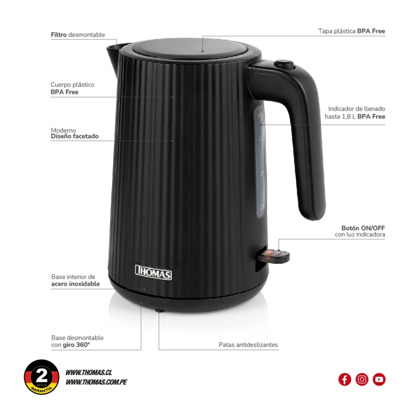 HERVIDOR THOMAS TH-4343N 1.8L 2200W RAPIDO Y ECONOMICO - 7