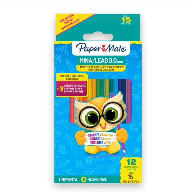 LAPICES COLORES HEXAGONALES PAPERMATE 12 COLOR + 3 GRAFITOS - 1