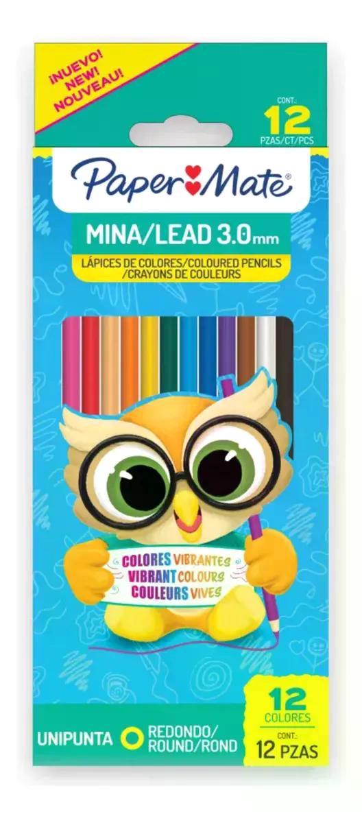 LAPICES COLORES PAPERMATE REDONDOS 3 MM 12 UNIDADES UNIPUNTA - 1