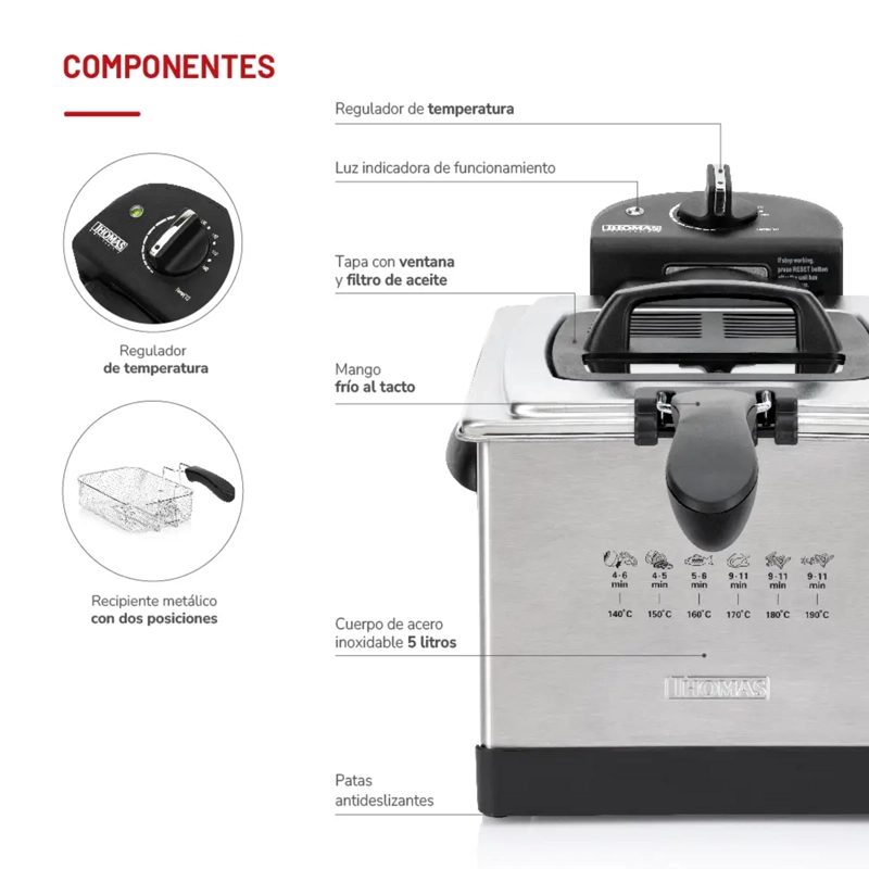 FREIDORA ACEITE THOMAS 5 LITROS 1950W RAPIDA INOX 190C - 5