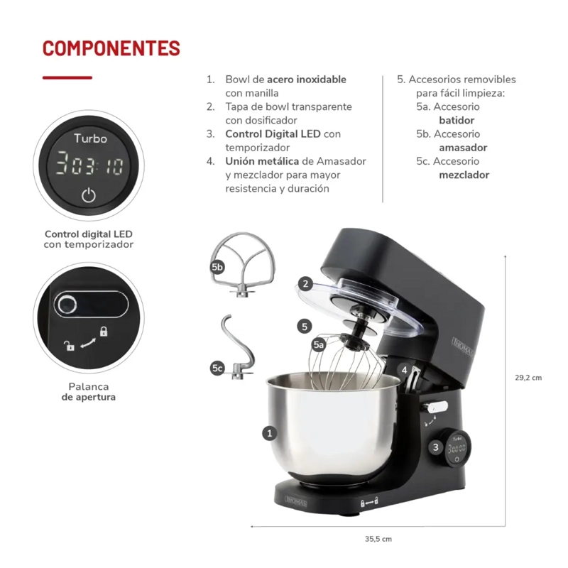 BATIDORA PLANETARIA THOMAS TH-915PND 1000W BOWL 5L ACERO - 5