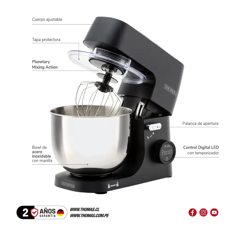BATIDORA PLANETARIA THOMAS TH-915PND 1000W BOWL 5L ACERO - 7