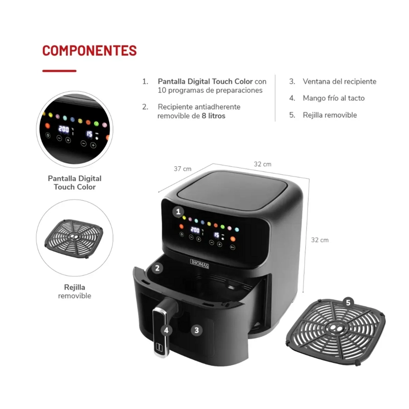 FREIDORA AIR FRYER THOMAS 8L DIGITAL TOUCH VENTANA 1700W - 6