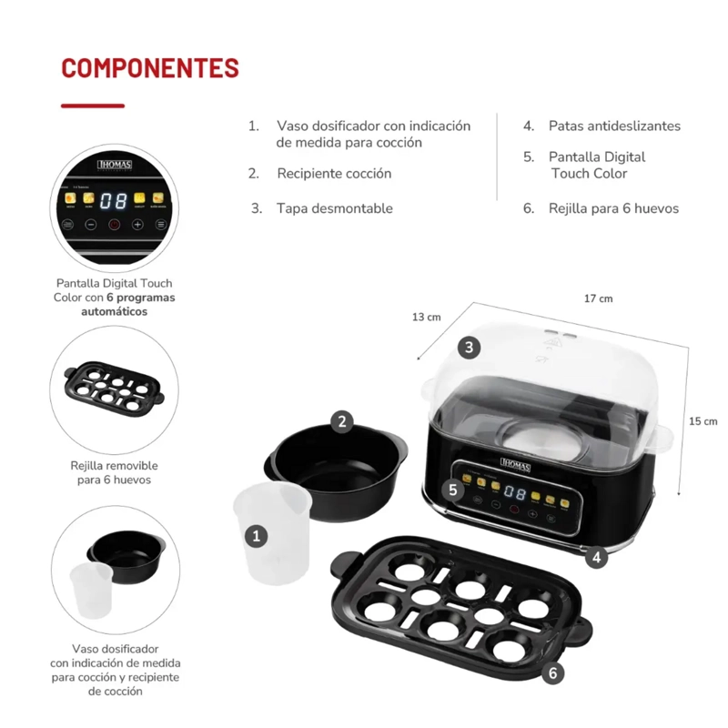 COCEDOR DE HUEVOS DIGITAL THOMAS TH-85DC TOUCH 6 PROGRAMAS - 5