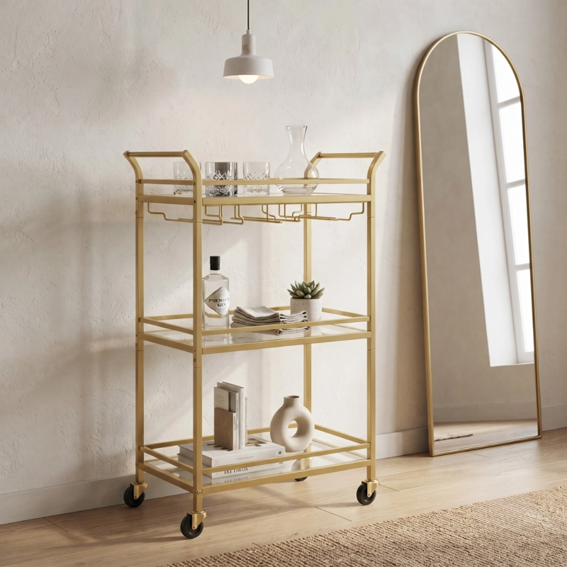 CARRO AUXILIAR ORGANIZADOR BAR COCINA 3 NIVELES DORADO REIKA - 3