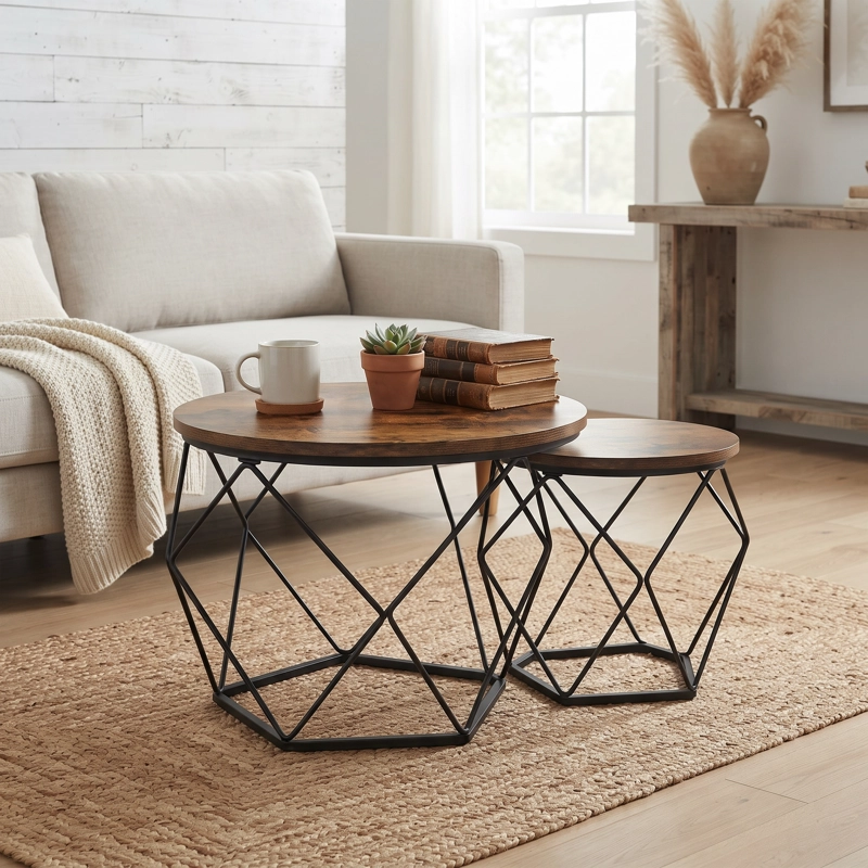 SET 2 MESAS CENTRO SPACEZAT HELSINKI BASE HEXAGONAL ESTILO INDUSTRIAL - 2