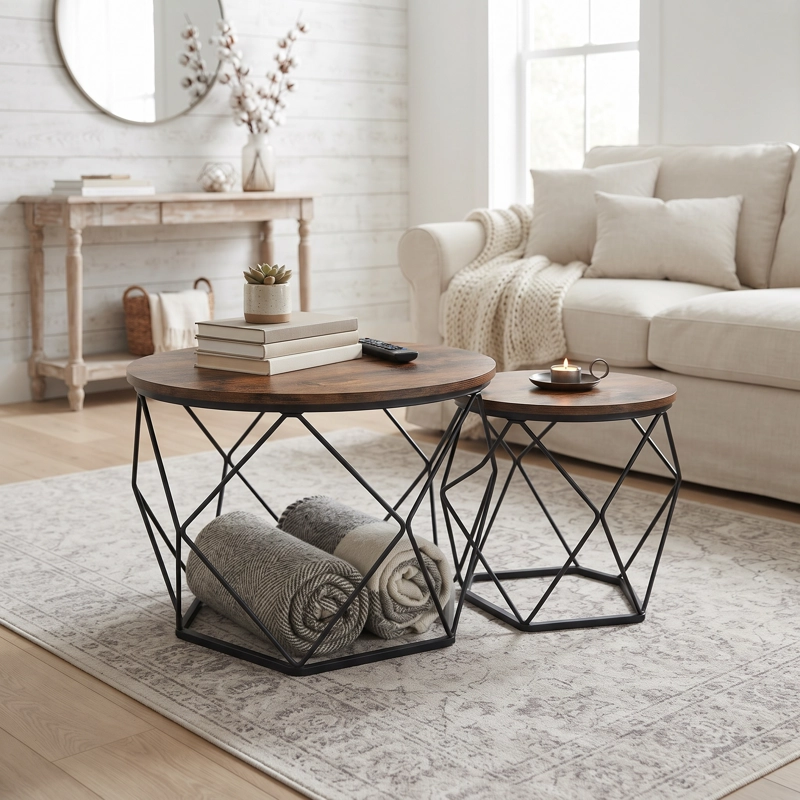 SET 2 MESAS CENTRO SPACEZAT HELSINKI BASE HEXAGONAL ESTILO INDUSTRIAL - 4