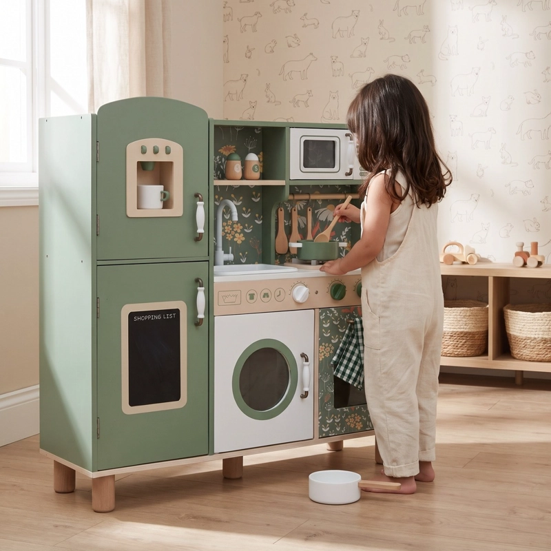 COCINA DE JUGUETE SPACEZAT MADERA VINTAGE DISEÑO CON REFRIGERADOR / ACC - 2