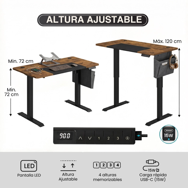 ESCRITORIO ELE CTRICO ALTURA AJUSTABLE MARRON 120X60CM NELLIM - 6