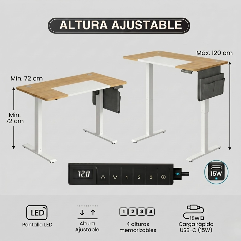 ESCRITORIO ELE CTRICO ALTURA AJUSTABLE BLANCO 120X60CM SURNU - 8