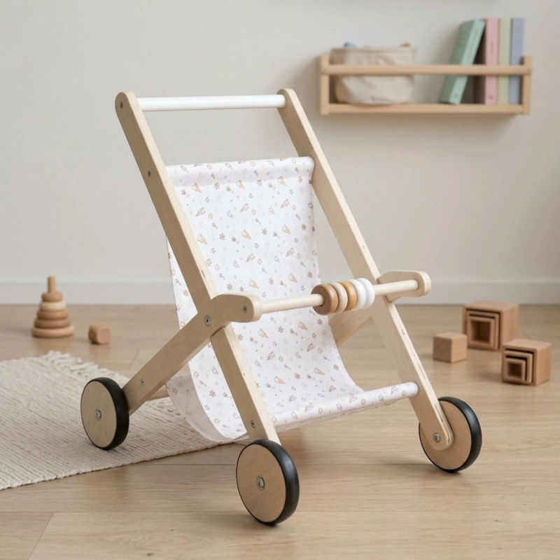 COCHE PARA MUÑECAS ANDADOR JUGUETE DE MADERA BLANCO - 2