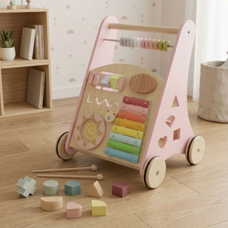 CORREPASILLO ANDADOR MADERA CON CENTRO DE ACTIVIDADES ROSA - 2