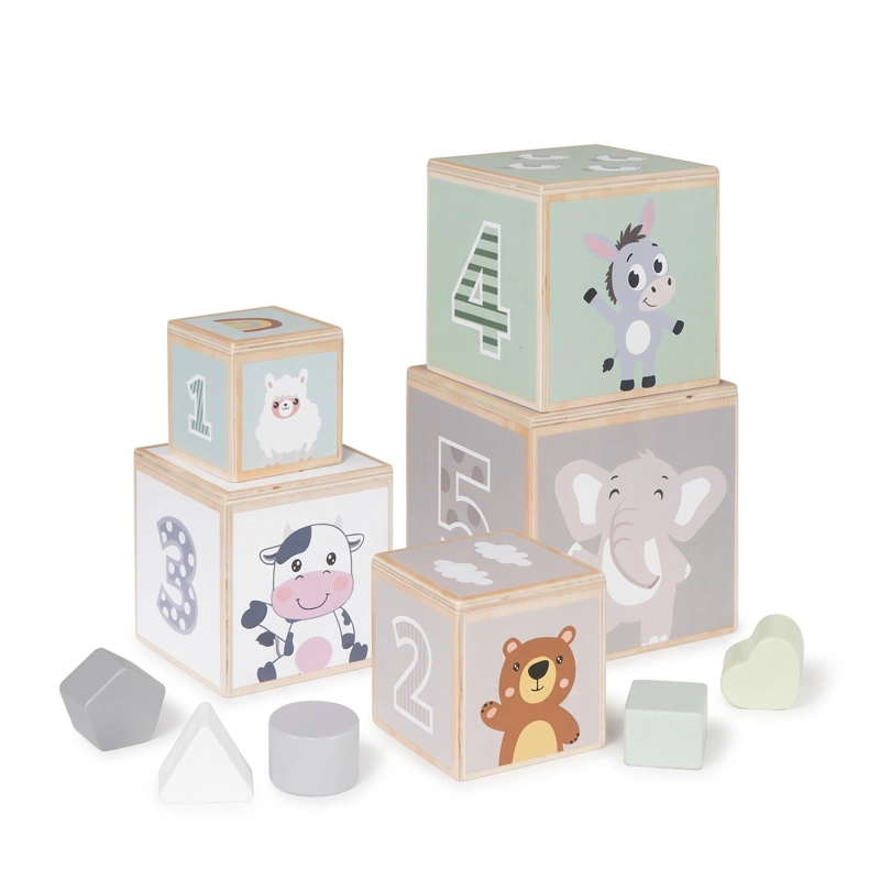 TORRE DE CUBOS APILABLES Y ENCAJE ANIMALITOS JUGUETE MADERA - 1