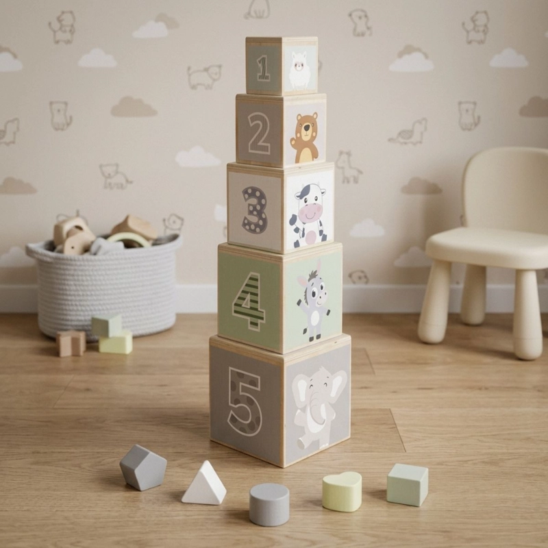 TORRE DE CUBOS APILABLES Y ENCAJE ANIMALITOS JUGUETE MADERA - 2