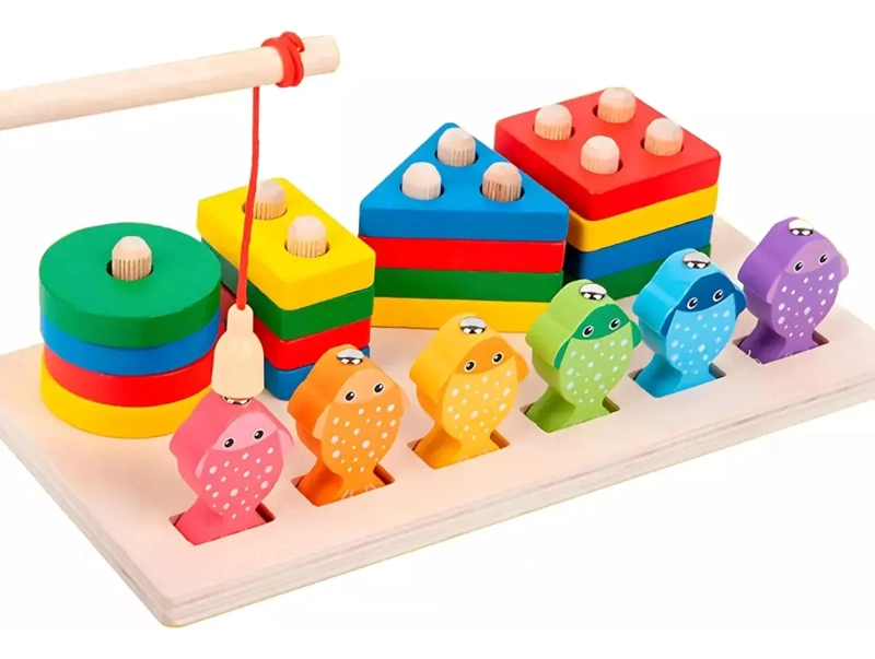 JUEGO DE PESCA MAGNETICO + 4 TORRES ENCAJE MADERA DIDACTICO IMAN PECES COLOR MULTIFUNCIONAL - 1