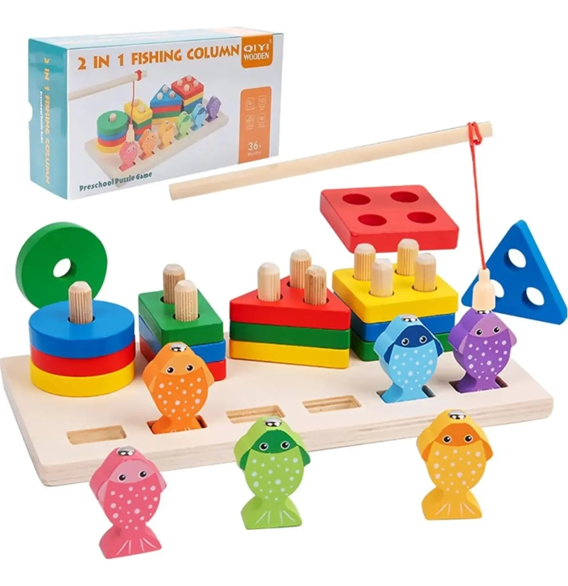 JUEGO DE PESCA MAGNETICO + 4 TORRES ENCAJE MADERA DIDACTICO IMAN PECES COLOR MULTIFUNCIONAL - 2