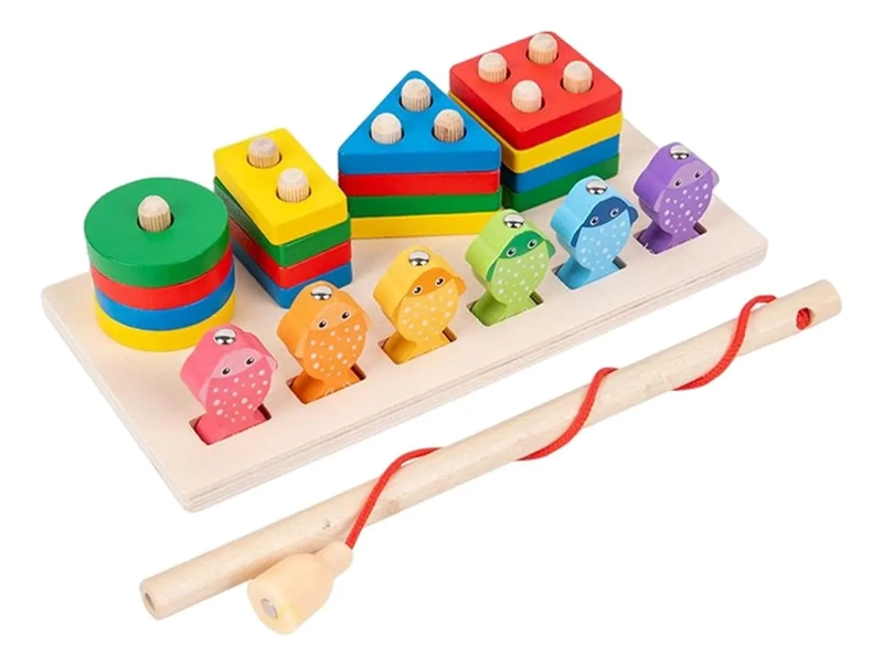 JUEGO DE PESCA MAGNETICO + 4 TORRES ENCAJE MADERA DIDACTICO IMAN PECES COLOR MULTIFUNCIONAL - 3