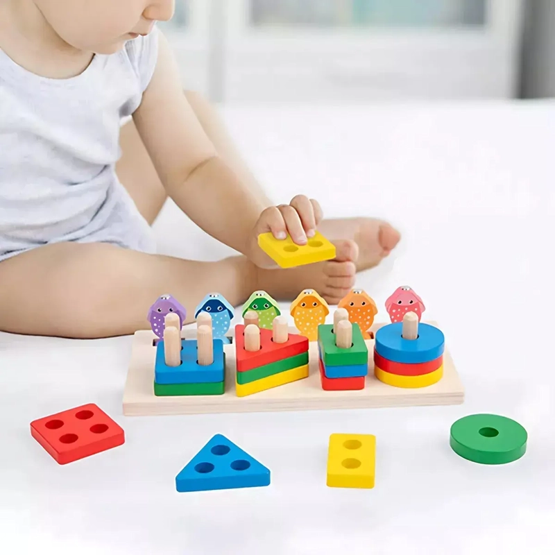 JUEGO DE PESCA MAGNETICO + 4 TORRES ENCAJE MADERA DIDACTICO IMAN PECES COLOR MULTIFUNCIONAL - 6