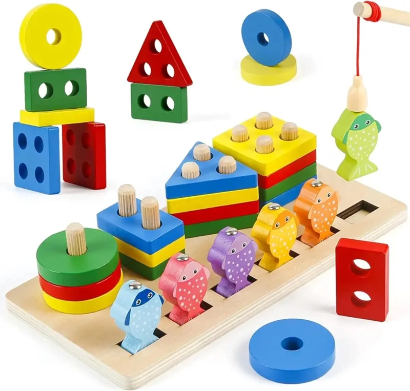 JUEGO DE PESCA MAGNETICO + 4 TORRES ENCAJE MADERA DIDACTICO IMAN PECES COLOR MULTIFUNCIONAL - 7