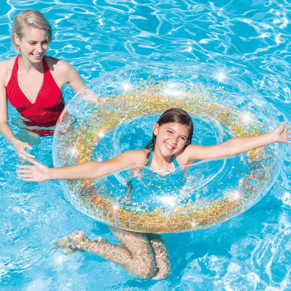 FLOTADOR INFLABLE INTEX REDONDO BRILLO 107X27 CM SPARKLING GLITTER TUBE DORADO - 4