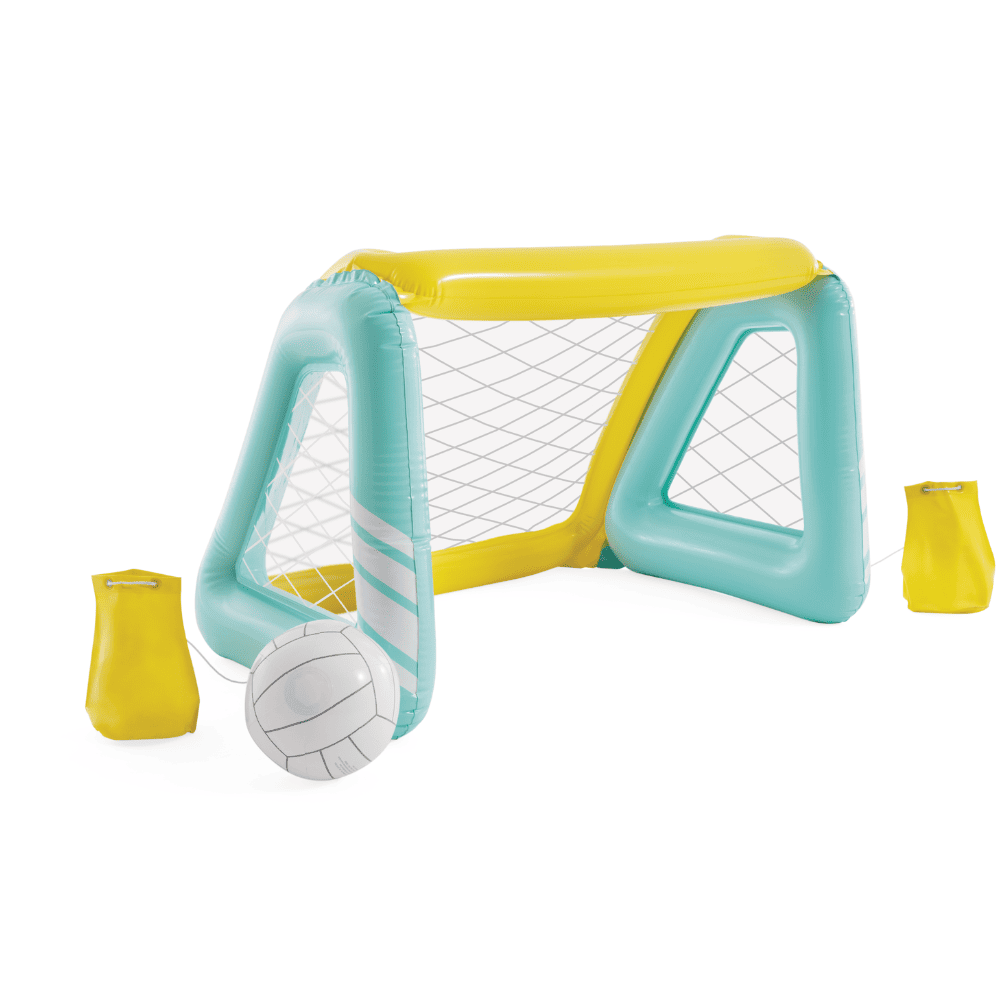 JUEGO PISCINA INFLABLE INTEX ARCO FUTBOL Y WATERPOLO FUN GOALS + PELOTA INFLABLE CELESTE AMARILLO - 1