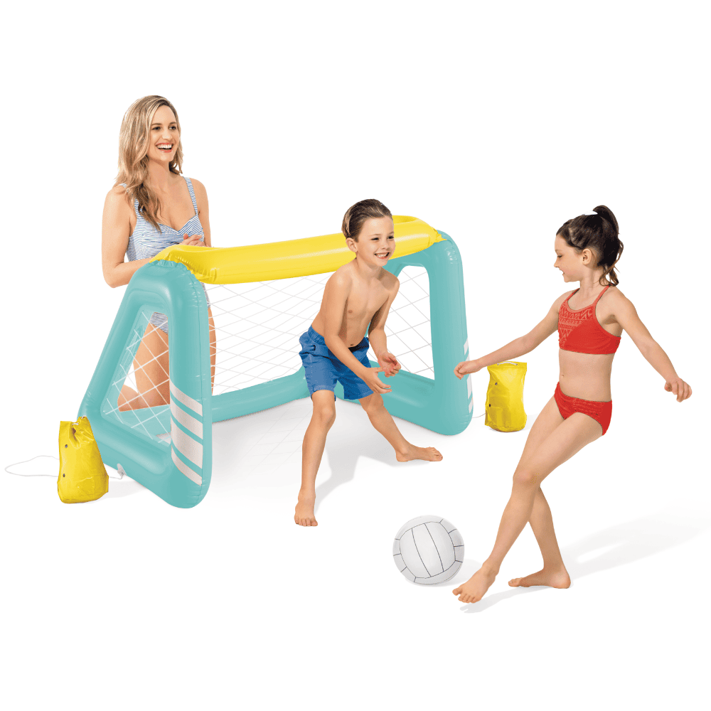 JUEGO PISCINA INFLABLE INTEX ARCO FUTBOL Y WATERPOLO FUN GOALS + PELOTA INFLABLE CELESTE AMARILLO - 5