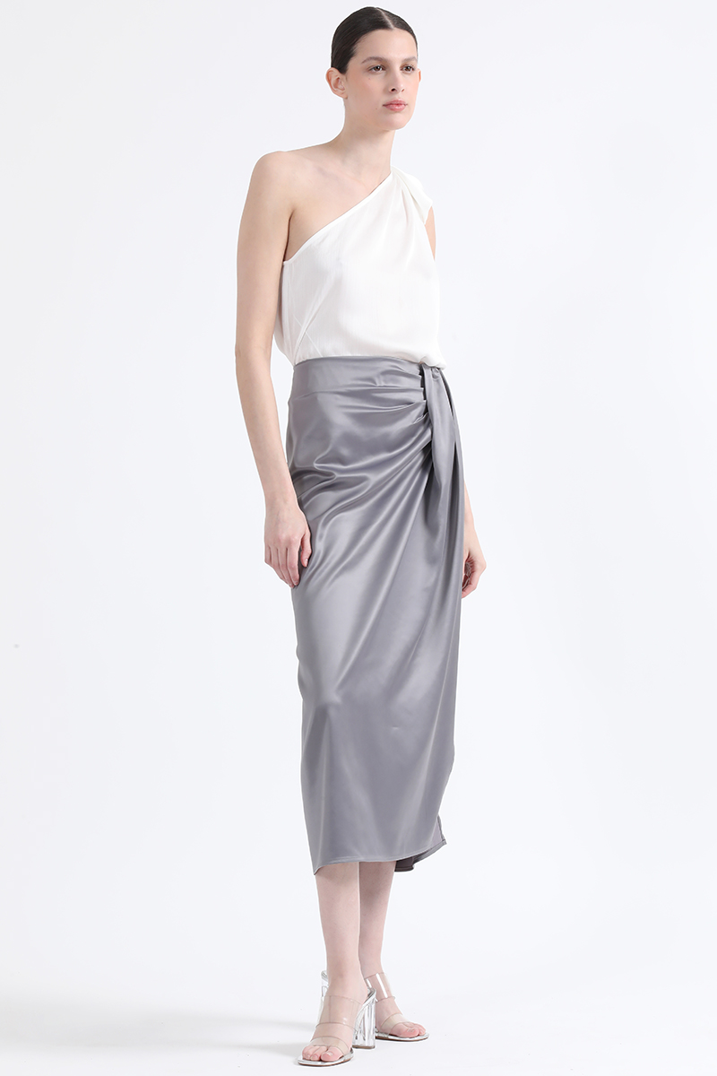 FALDA MIDI CRUCE ASIMETRICO, SATIN PLATEADO LIOLA - 4