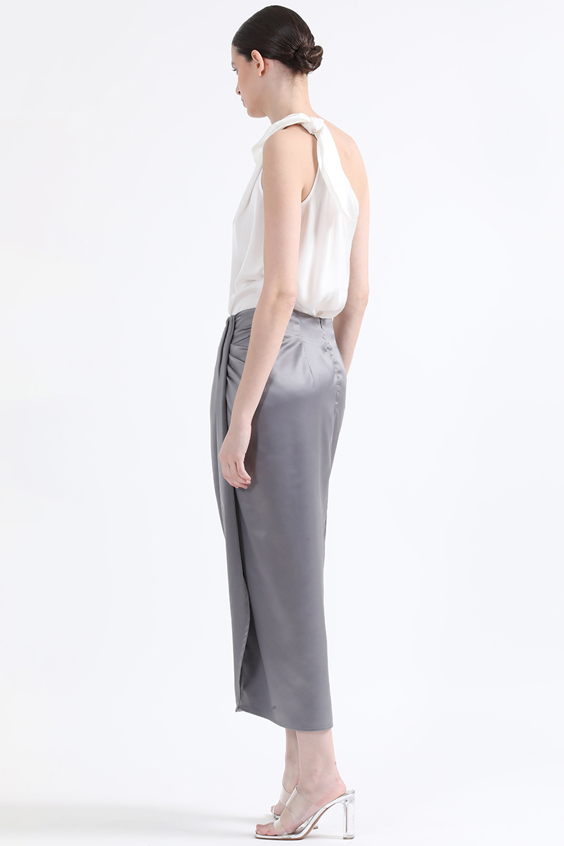 FALDA MIDI CRUCE ASIMETRICO, SATIN PLATEADO LIOLA - 5