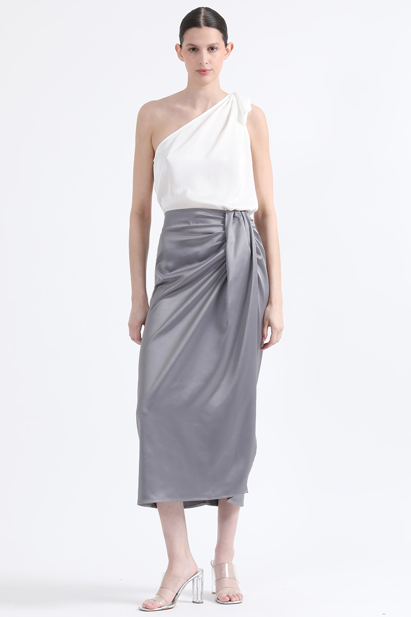 FALDA MIDI CRUCE ASIMETRICO, SATIN PLATEADO LIOLA - 6
