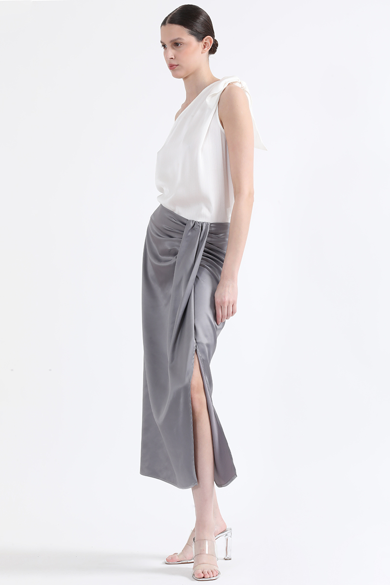 FALDA MIDI CRUCE ASIMETRICO, SATIN PLATEADO LIOLA - 7