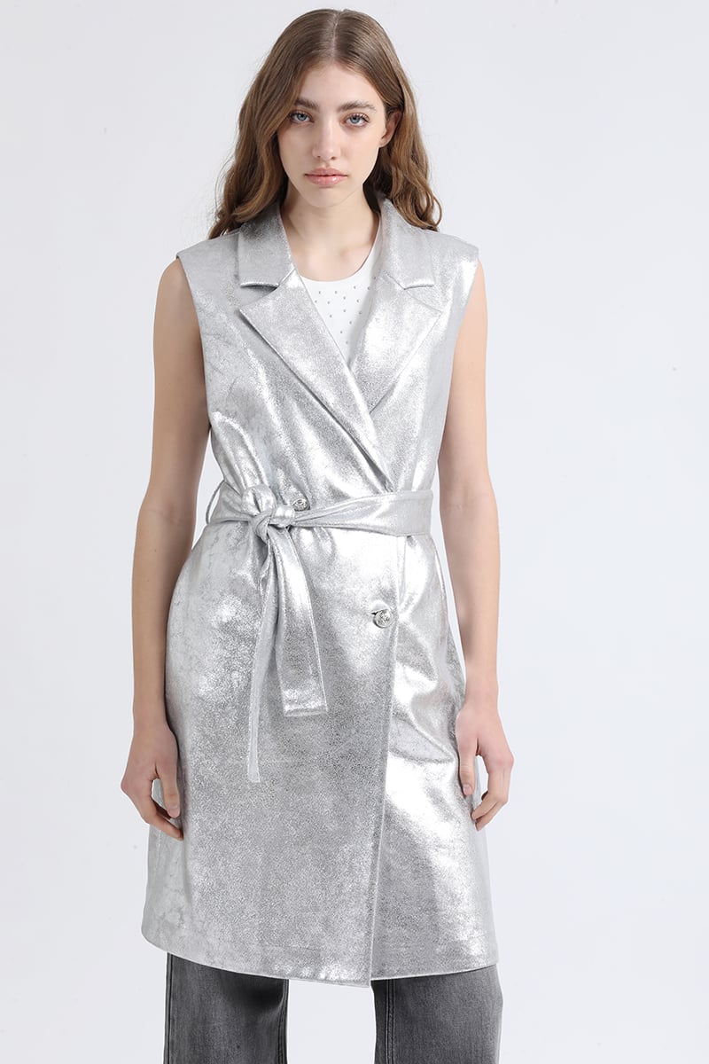 CHAQUETA LARGA EFECTO GAMUZA METALIZADA, PLATEADO LIOLA - 1