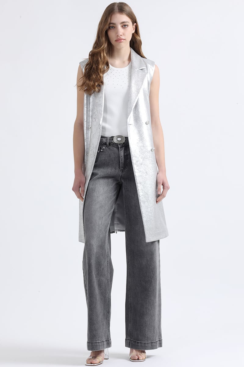 CHAQUETA LARGA EFECTO GAMUZA METALIZADA, PLATEADO LIOLA - 2