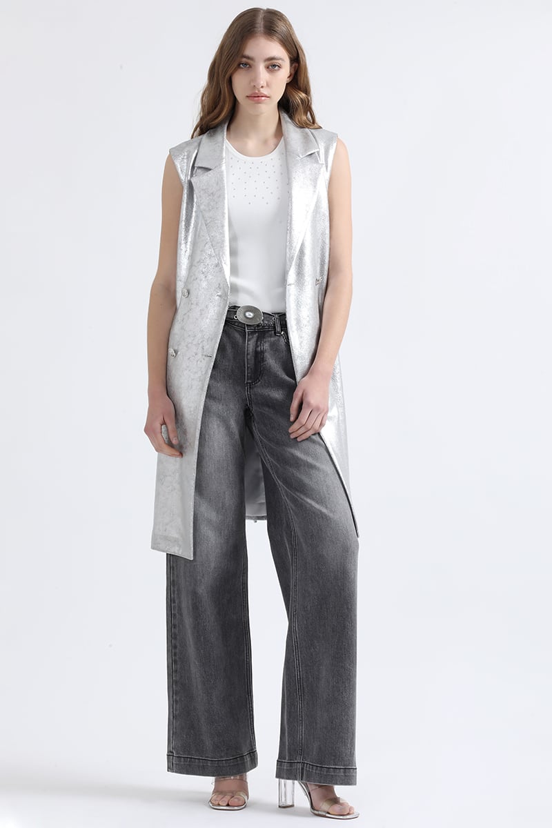 CHAQUETA LARGA EFECTO GAMUZA METALIZADA, PLATEADO LIOLA - 3