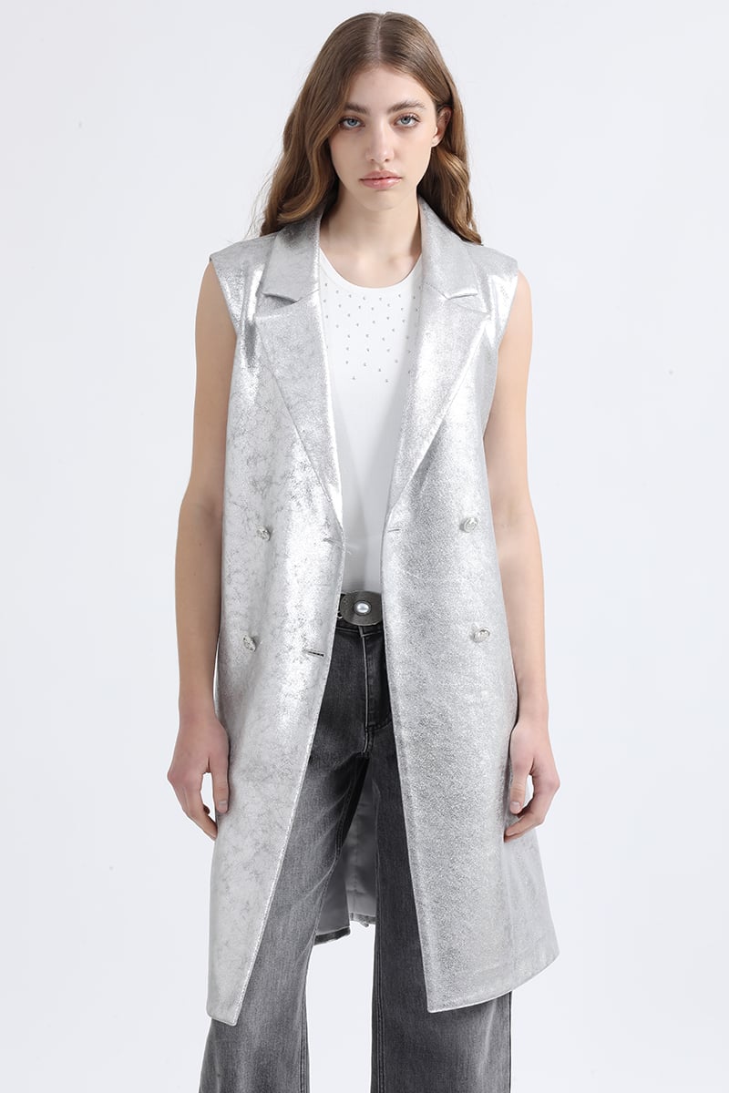 CHAQUETA LARGA EFECTO GAMUZA METALIZADA, PLATEADO LIOLA - 4